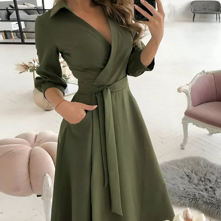 Naleya Dress | V-Neck Self-Tie Waist 3/4 Sleeve Wrap Dress