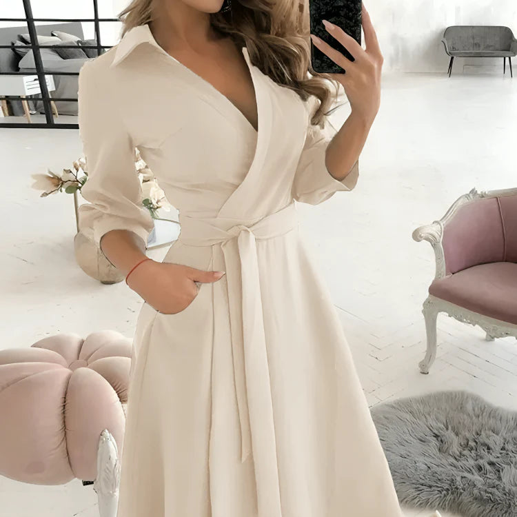 Naleya Dress | V-Neck Self-Tie Waist 3/4 Sleeve Wrap Dress