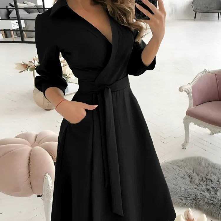 Naleya Dress | V-Neck Self-Tie Waist 3/4 Sleeve Wrap Dress