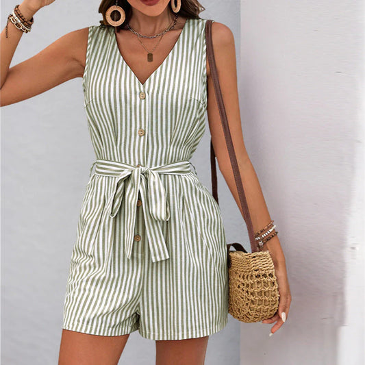 Nasiya Romper | Vertical Stripes V-Neck Belted Waist Sleeveless Romper