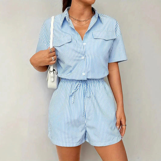 Naudia Romper | Short Sleeve Cinched Waist Button Front Romper