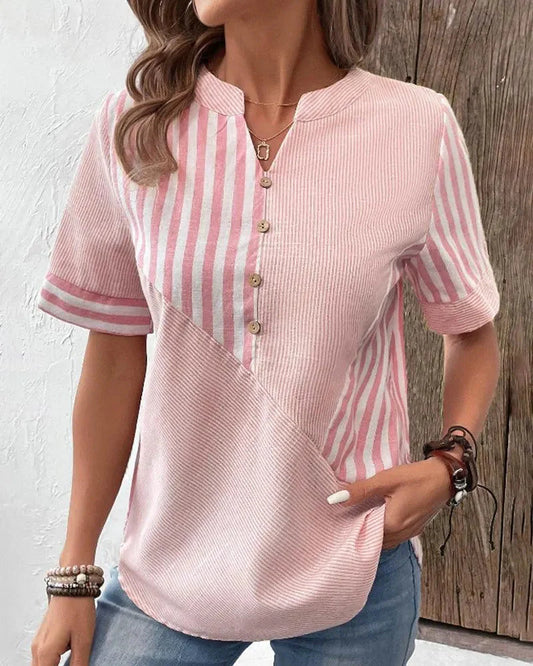 Nayma Blouse | Short Cuffed Sleeves Striped Mandarin Collar Blouse