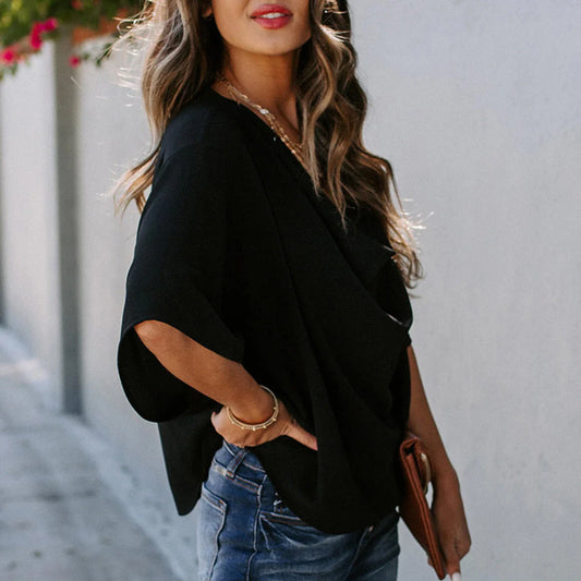 Nela Blouse | Loose Fit Pleated Flounce Sleeves V-Neck Chiffon Blouse