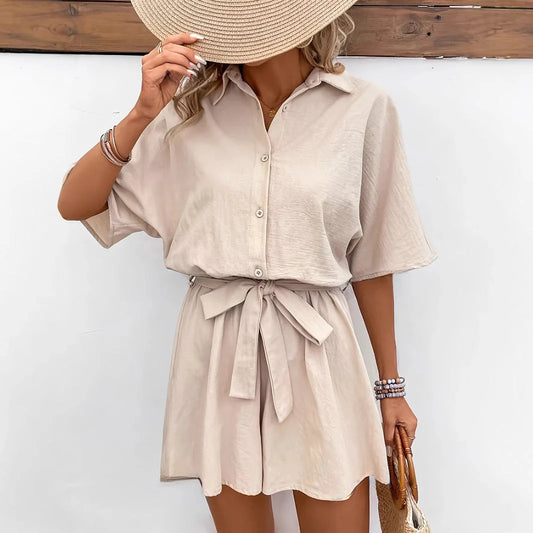 Nikolina Short Sleeve Button-Up Belted Waist Romper