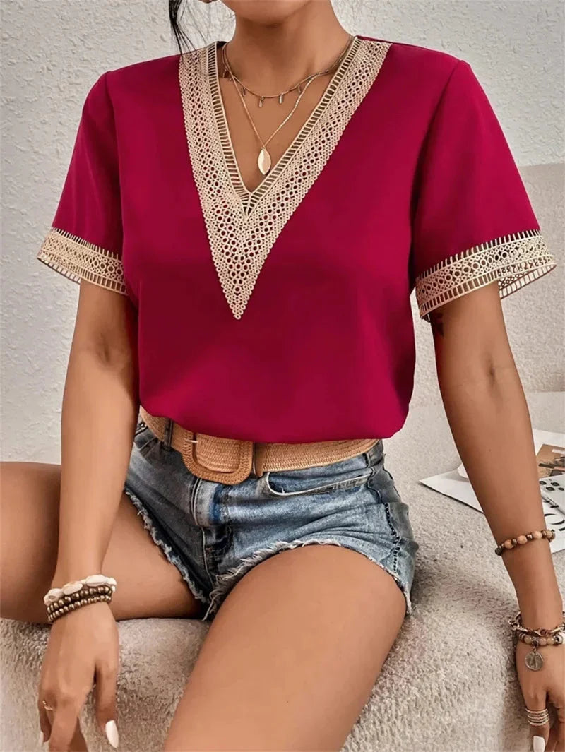 Niva Blouse | Elegant Short Sleeve Lace V-Neck Blouse