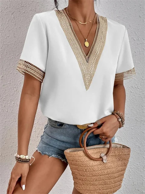 Niva Blouse | Elegant Short Sleeve Lace V-Neck Blouse