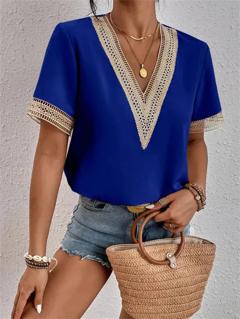 Niva Blouse | Elegant Short Sleeve Lace V-Neck Blouse