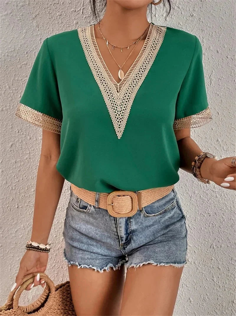 Niva Blouse | Elegant Short Sleeve Lace V-Neck Blouse