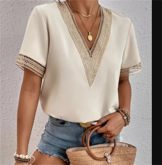 Niva Blouse | Elegant Short Sleeve Lace V-Neck Blouse
