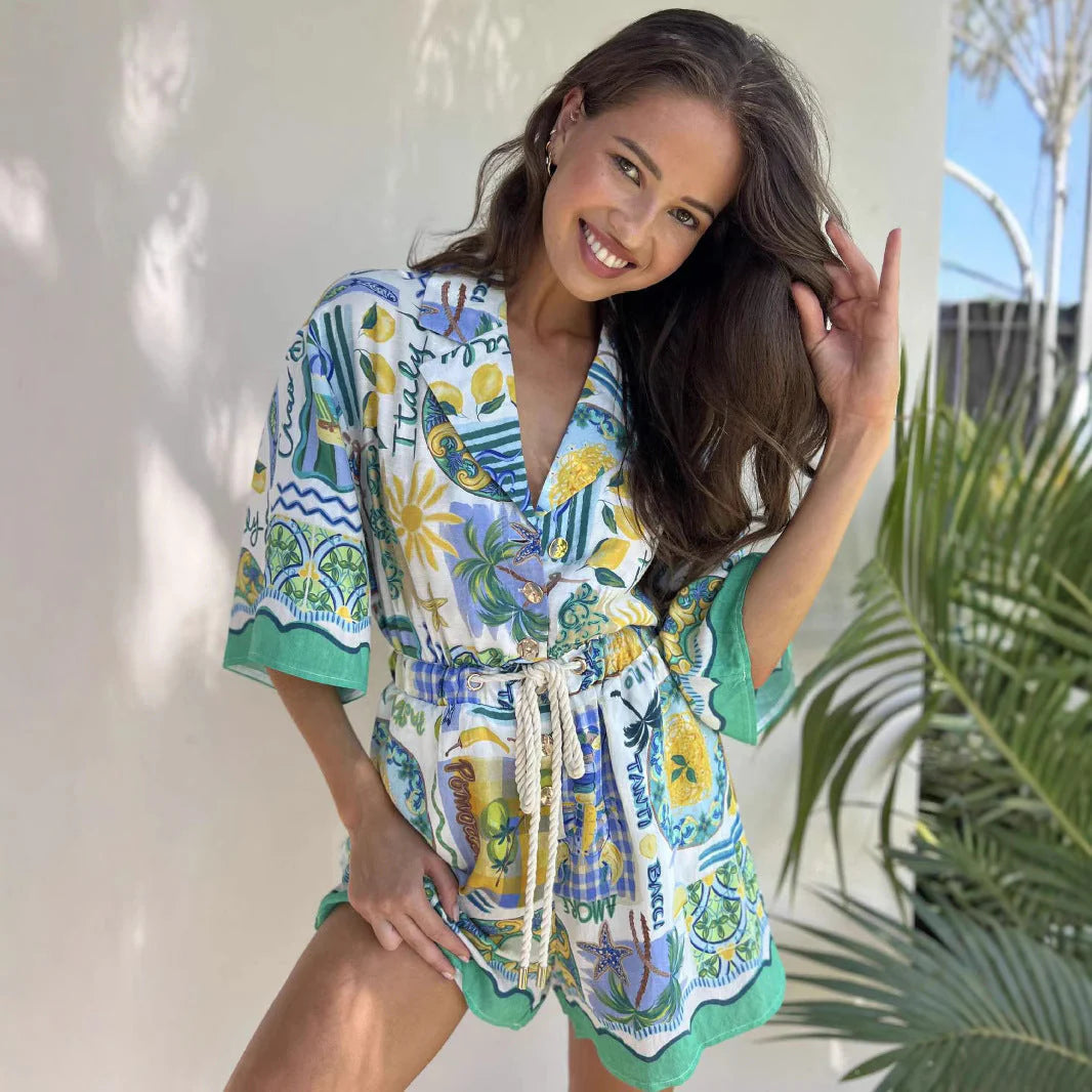 Noa Romper | Tropical Print Waist Tie Relaxed Fit Romper