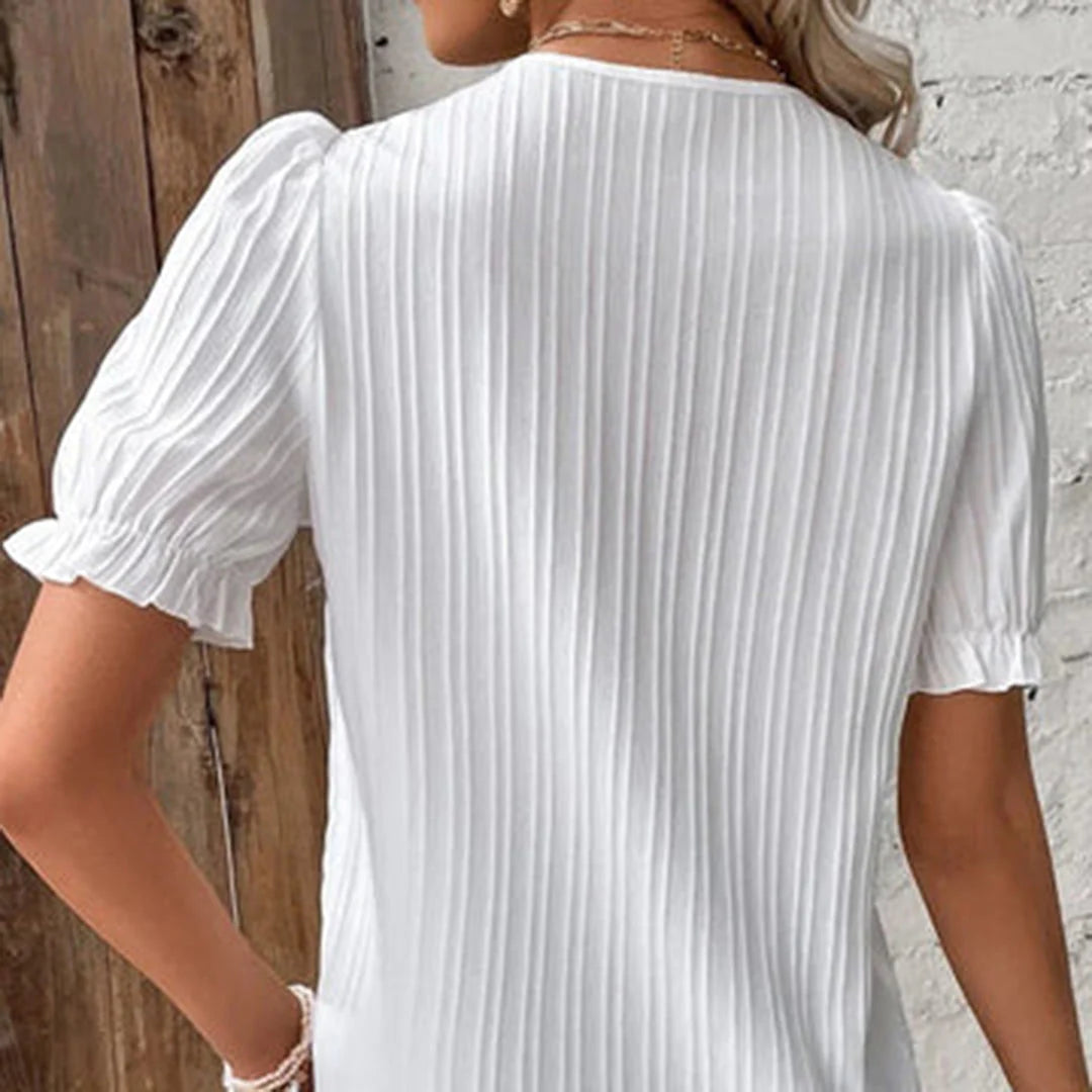 Norelle Blouse | Short Puffed Sleeves Pleated Fabric V-Neck Lace Blouse