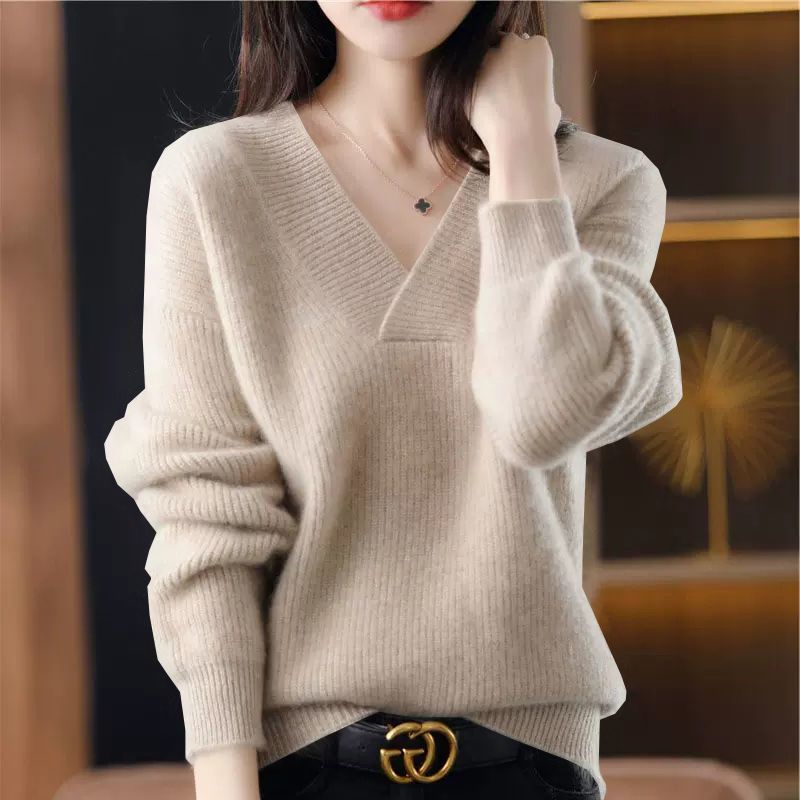 Women’s Knit Sweatshirt – Relaxed Fit – Ribbed Texture – V-Neck Long Sleeve Casual Wear