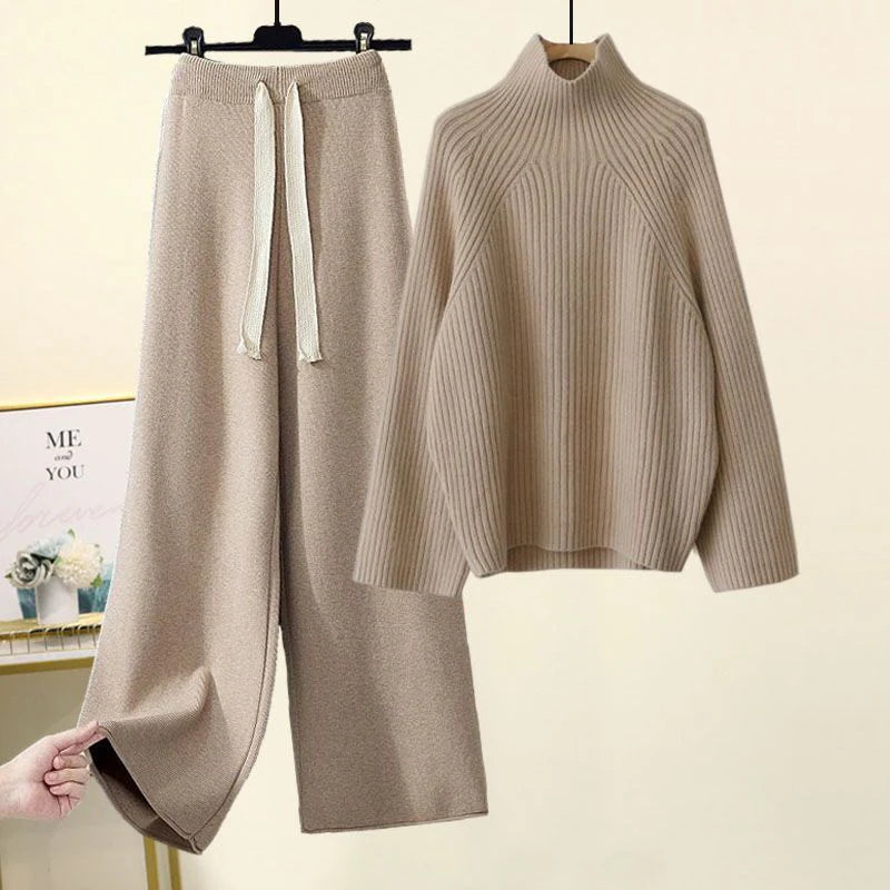 Isla Oversized Turtleneck Sweater Wide-Leg Trousers Two-Piece Set | Ribbed Knit Drawstring Waist Two-Piece Set