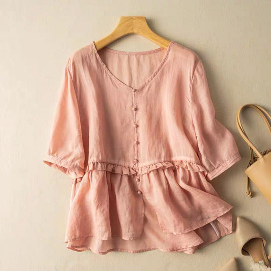 Isla Relaxed Fit Blouse | Button Front Ruffled Blouse