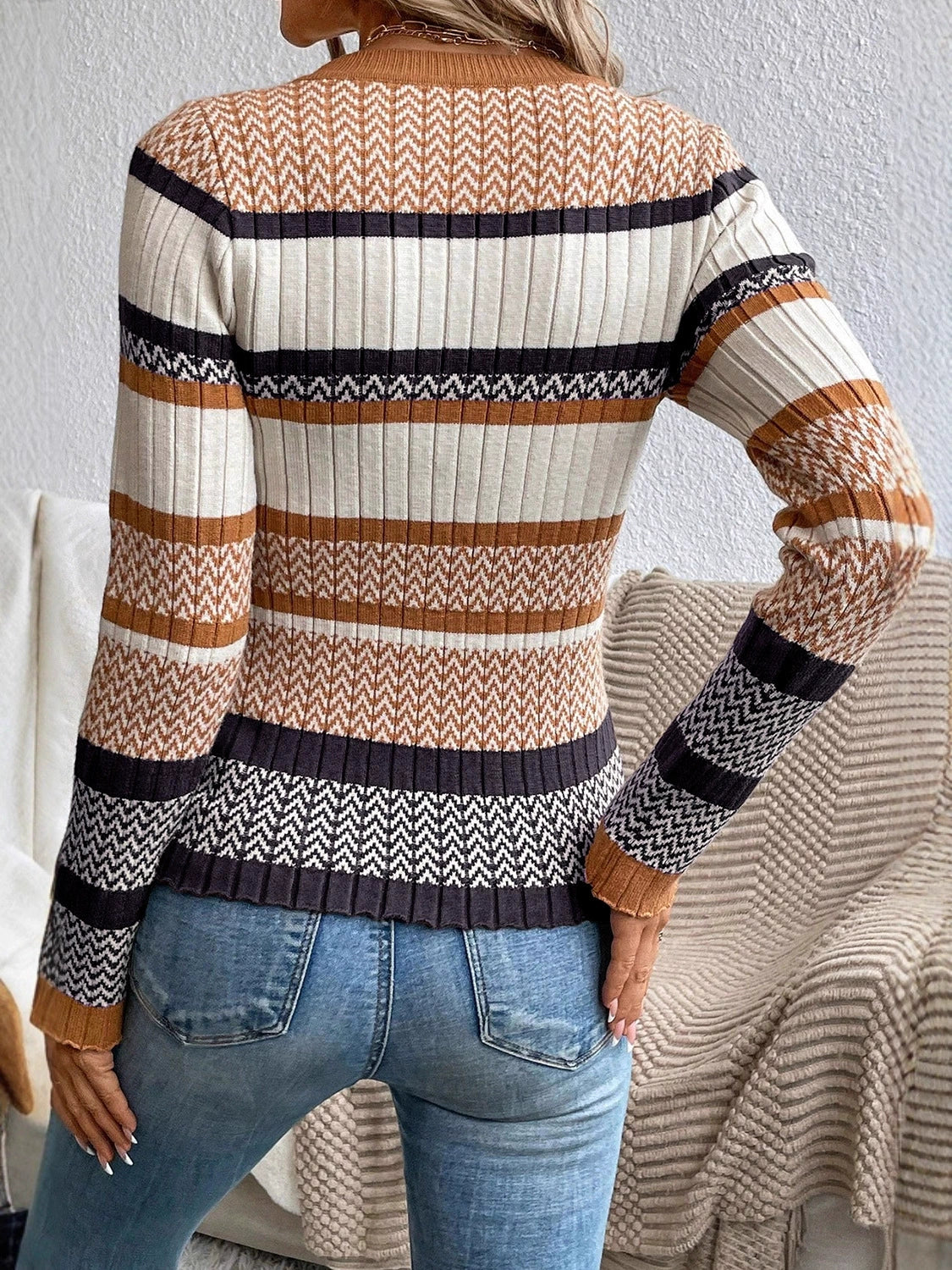 Women’s Pullover Sweater – Slim Fit – Ribbed Knit – Semi-High Neck – Striped Pattern