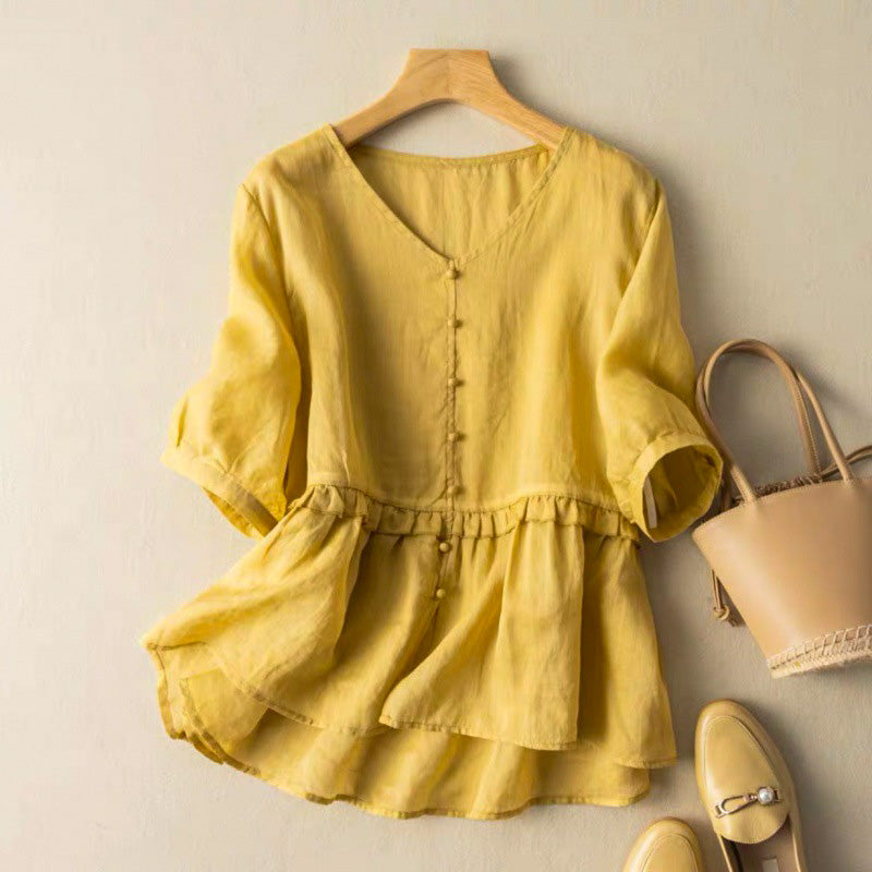 Isla Relaxed Fit Blouse | Button Front Ruffled Blouse