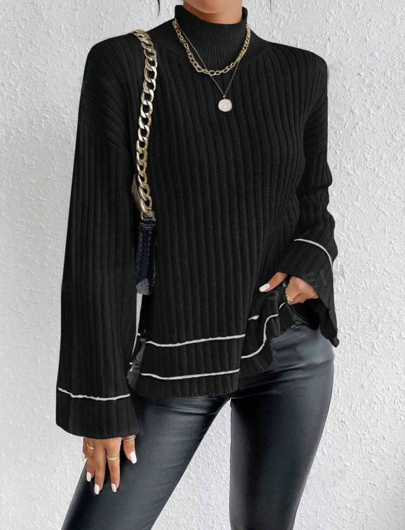 Isla Loose Fit Sweater | Ribbed Side Slits Bell Sleeve Sweater