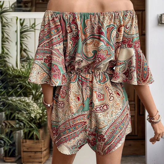 Olive Romper | Bohemian Print Flared Sleeve Off-Shoulder Romper