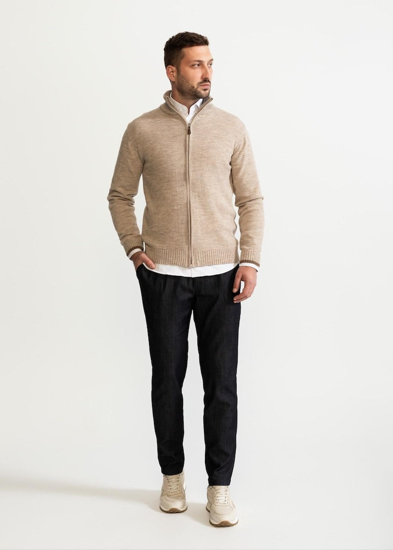 Oliver Cardigan | Long Beige Full-Zip Knitted Cardigan