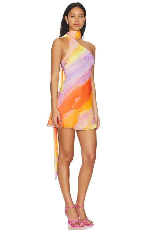 Oliviah Dress | Tropical Sunset One-Shoulder Mini Dress