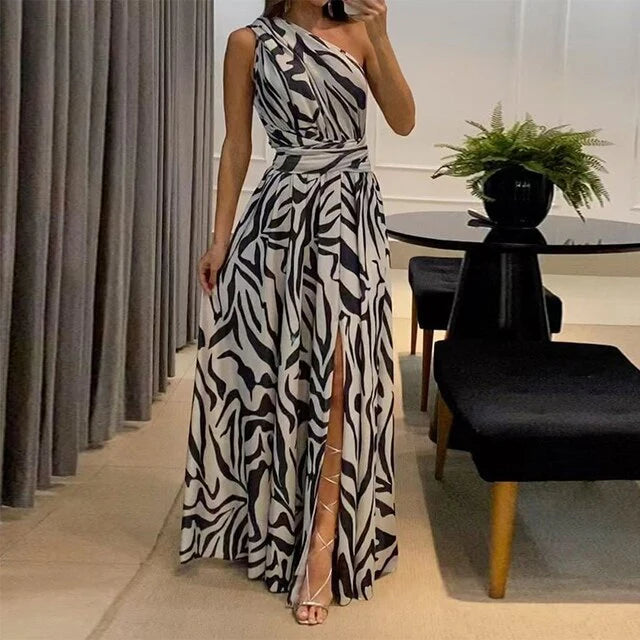 Olympe Dress | One-Shoulder Printed Chiffon Maxi Dress