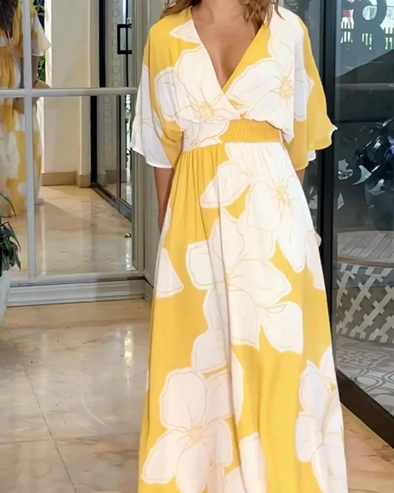 Omyra Dress | Floral Harmony Maxi Dress with V-Neck and Kimono Sleeves