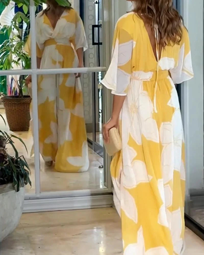 Omyra Dress | Floral Harmony Maxi Dress with V-Neck and Kimono Sleeves
