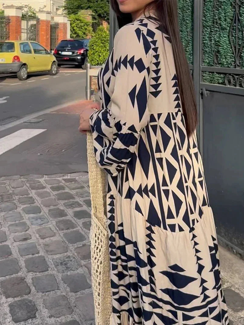 Oretha Dress | Boho Maxi Dress with Long Sleeves and Geometric Print