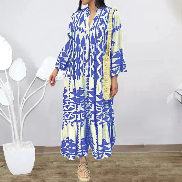 Oretha Dress | Boho Maxi Dress with Long Sleeves and Geometric Print