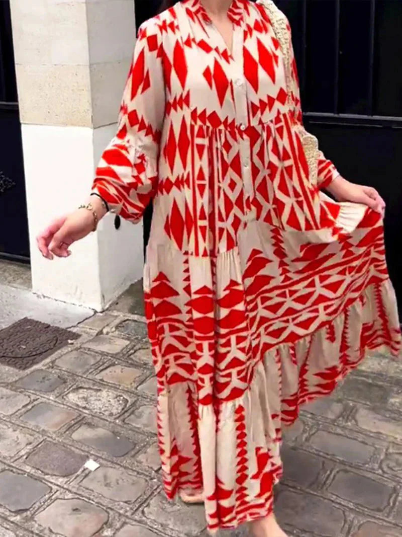 Oretha Dress | Boho Maxi Dress with Long Sleeves and Geometric Print