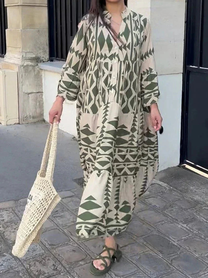 Oretha Dress | Boho Maxi Dress with Long Sleeves and Geometric Print