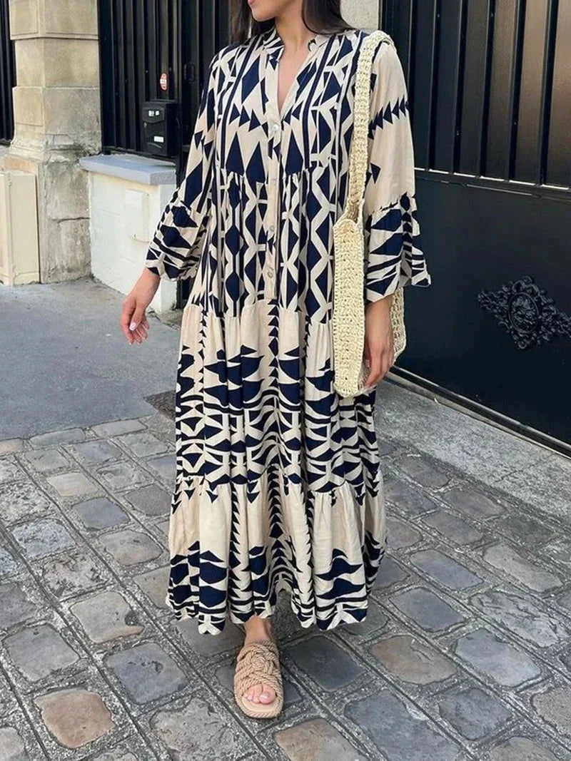 Oretha Dress | Boho Maxi Dress with Long Sleeves and Geometric Print