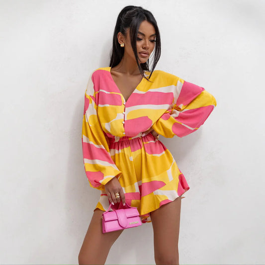 Oriana Romper | Long Sleeve V-Neck Cinched Waist Printed Romper