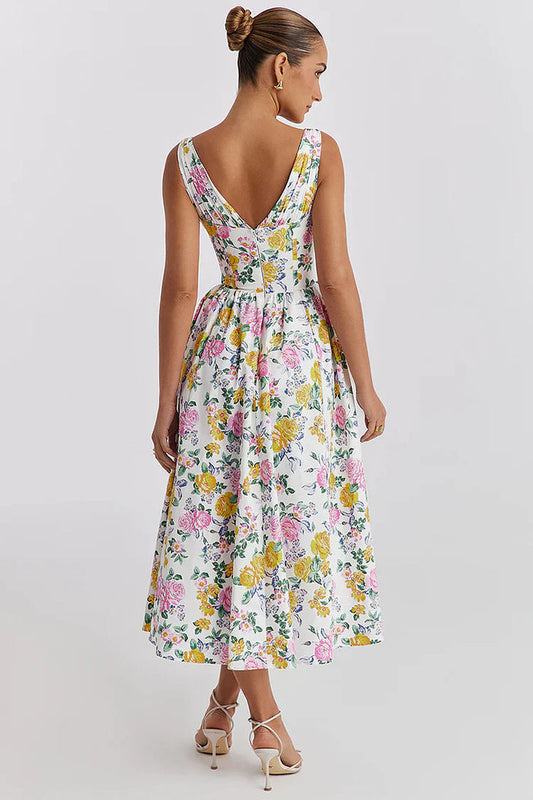 Orlita Dress | Floral Sleeveless Midi Dress with Fitted Bodice