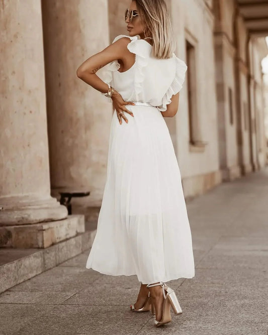 Ornella Dress | White Pleated Maxi Dress with Ruffle Sleeves