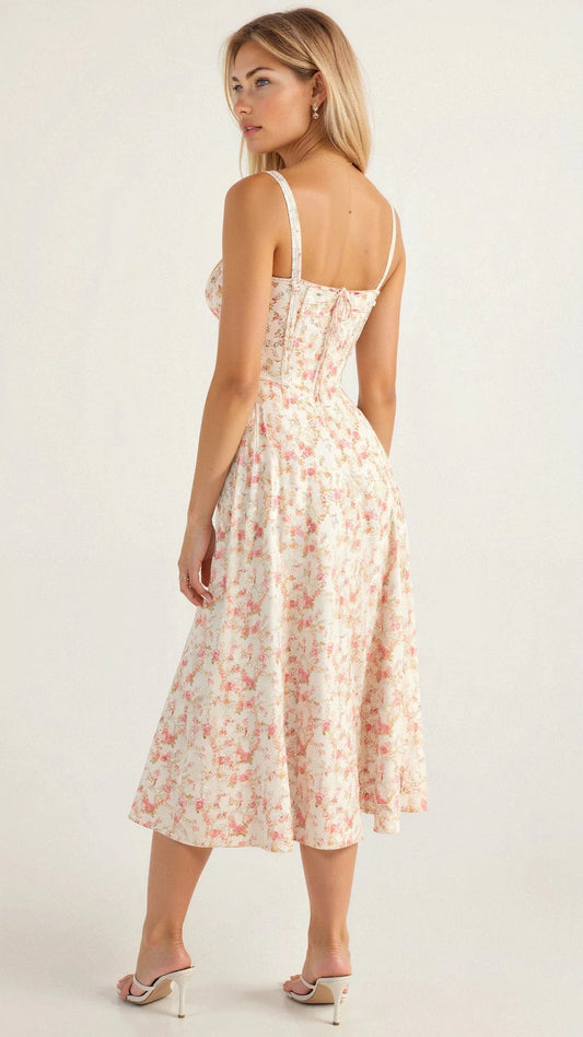 Ottie Dress | Floral Corset Midi Dress with Side Slit