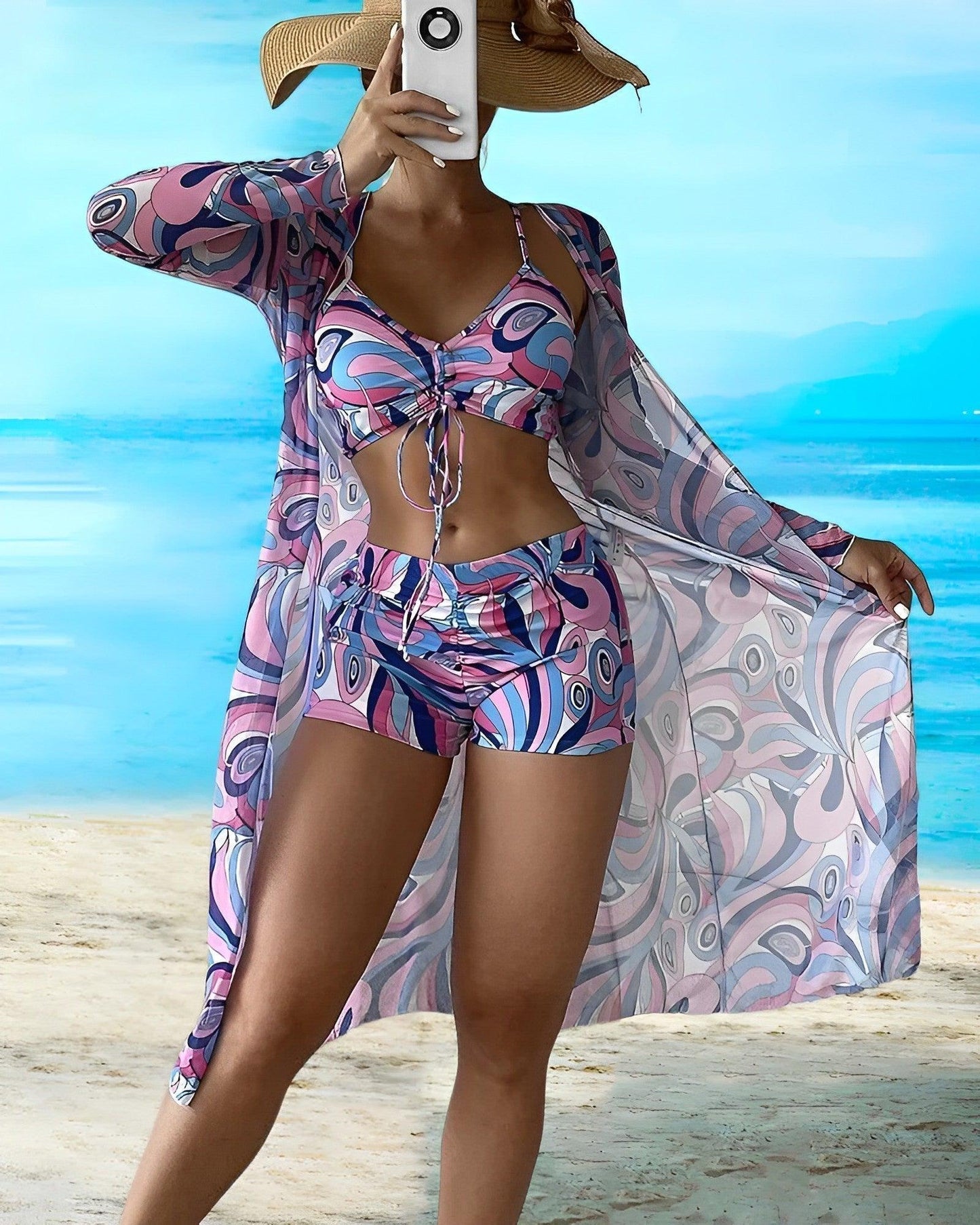 Philomina Bikini Set | 3-Piece Swirl Print with Drawstring Top, Shorts & Cover-Up
