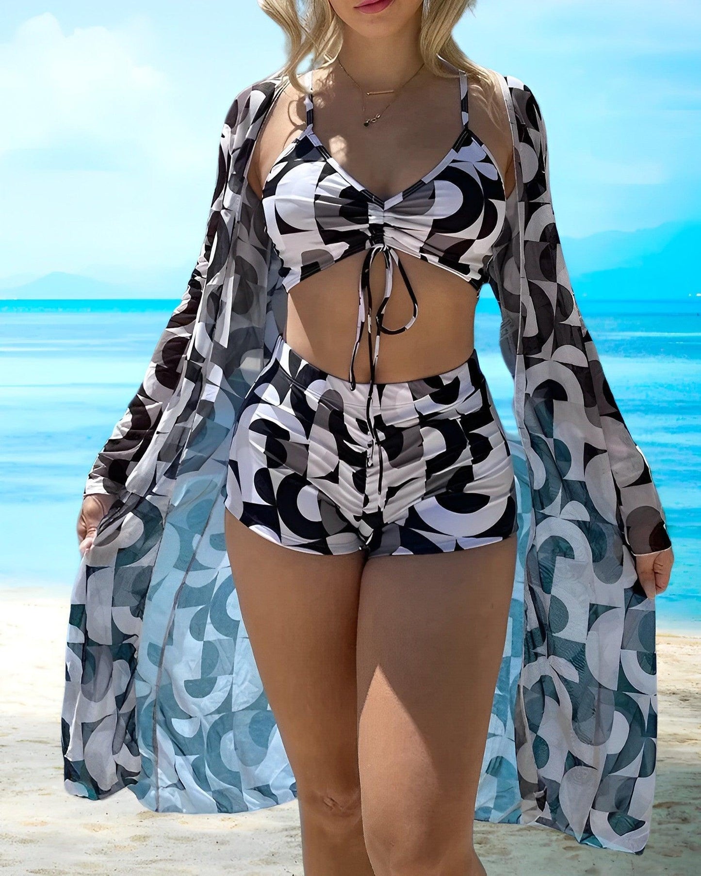 Philomina Bikini Set | 3-Piece Swirl Print with Drawstring Top, Shorts & Cover-Up
