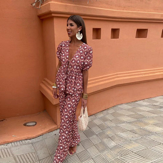 Piera Two-Piece Linen Set | Puff Sleeve Tie-Front Top & High-Waist Pants