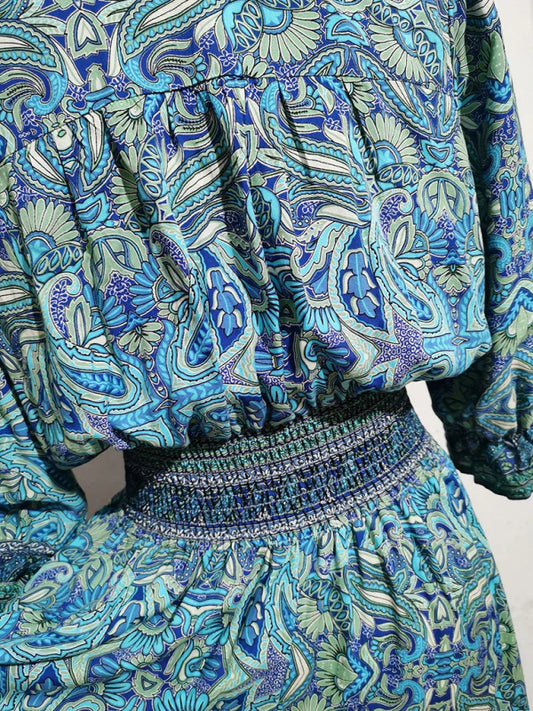 Qamira Dress | Bohemian Long Dress with Cinched Waist & 3/4 Sleeves