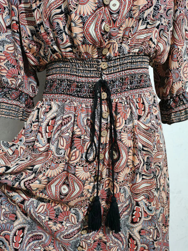 Qamira Dress | Bohemian Long Dress with Cinched Waist & 3/4 Sleeves