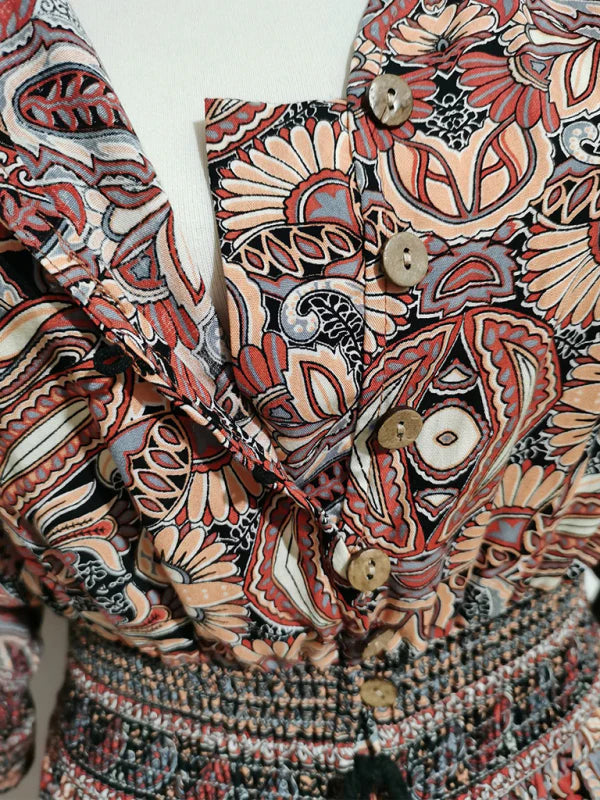Qamira Dress | Bohemian Long Dress with Cinched Waist & 3/4 Sleeves