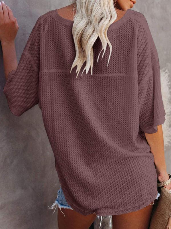 Qelara T-Shirt | V Neck Loose Sleeve Waffle Knit T-Shirt