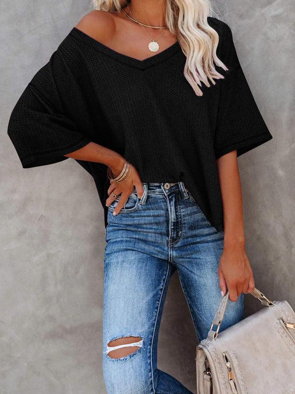 Qelara T-Shirt | V Neck Loose Sleeve Waffle Knit T-Shirt