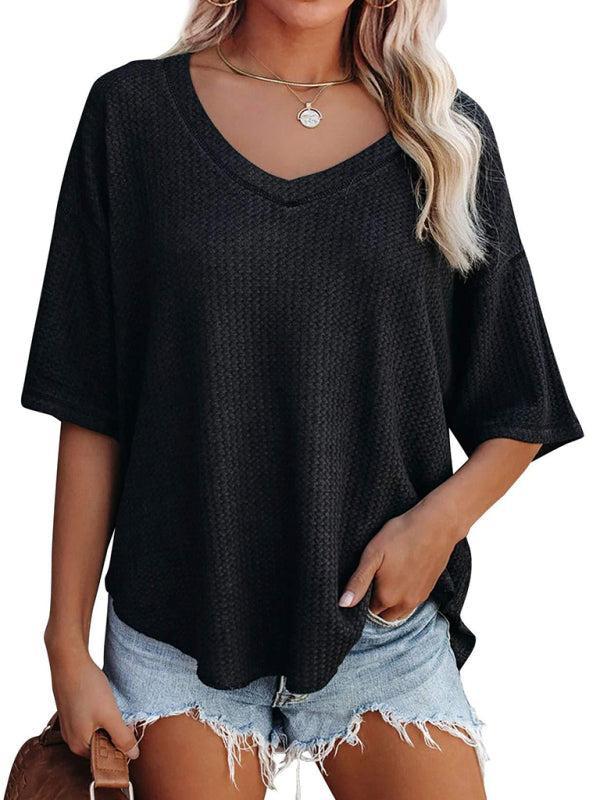 Qelara T-Shirt | V Neck Loose Sleeve Waffle Knit T-Shirt
