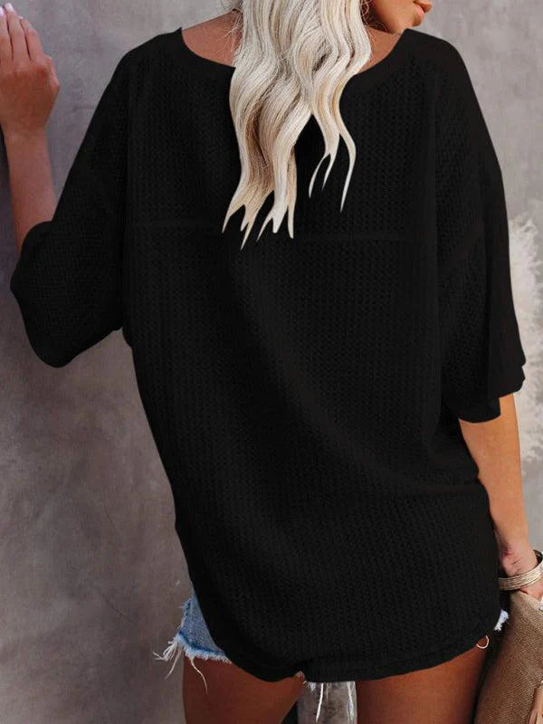 Qelara T-Shirt | V Neck Loose Sleeve Waffle Knit T-Shirt