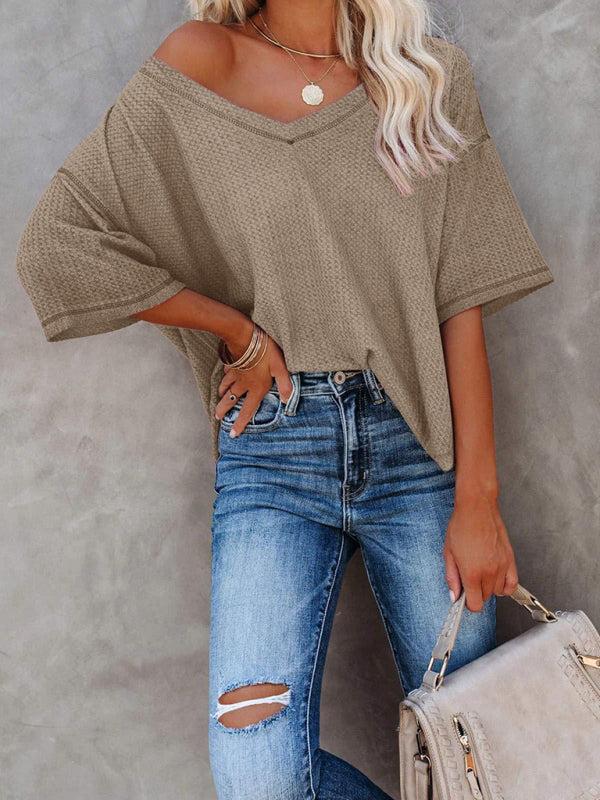Qelara T-Shirt | V Neck Loose Sleeve Waffle Knit T-Shirt