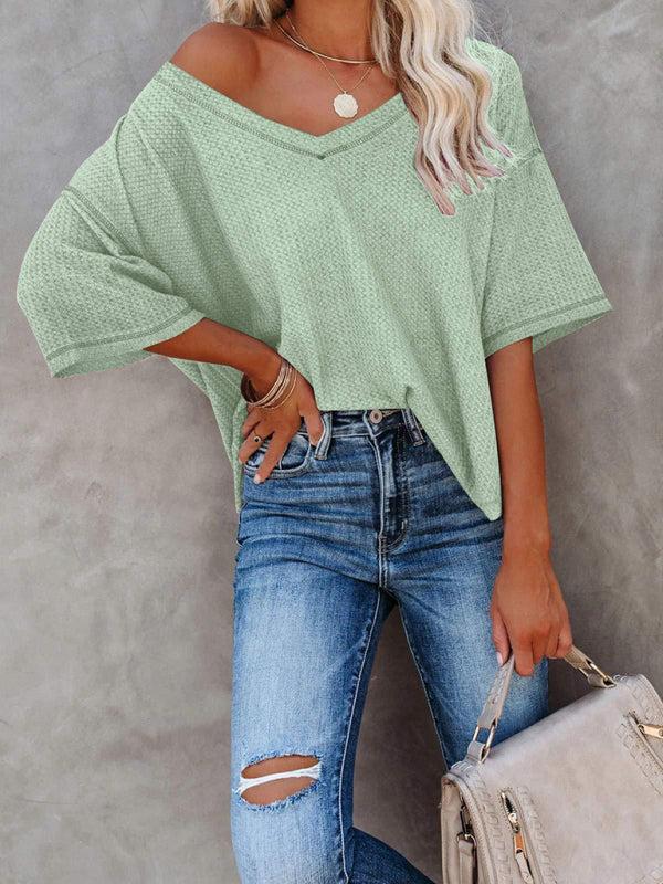 Qelara T-Shirt | V Neck Loose Sleeve Waffle Knit T-Shirt