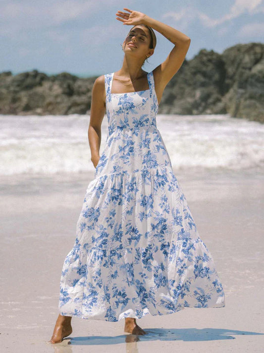 Qelina Dress | Breezy Blue & White Flowy Maxi Dress with Cross Strap Detail