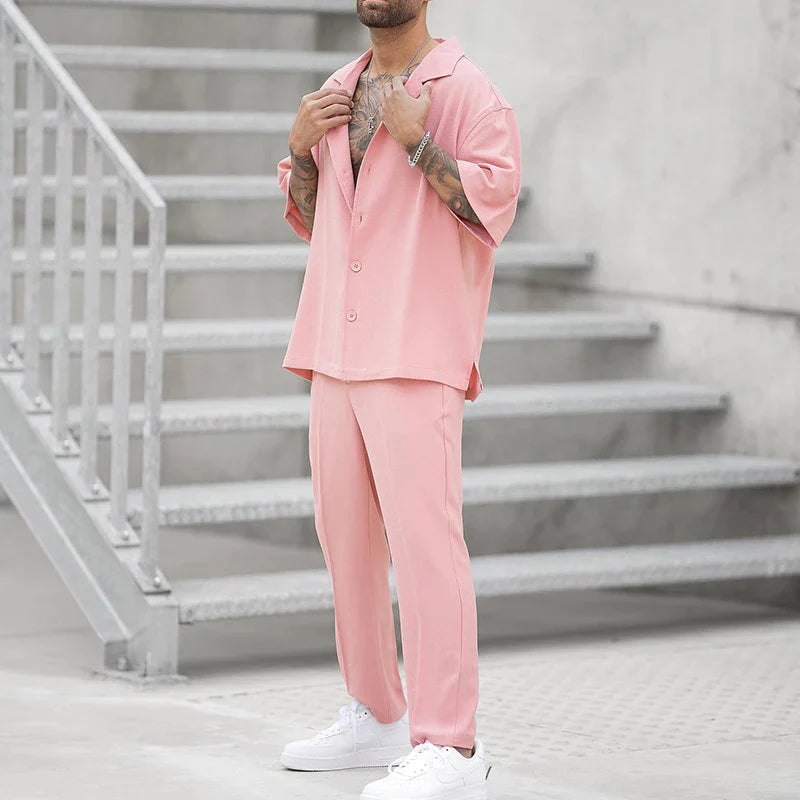Qelvin Set | Men's Pink Loose Fit Shirt and Pants